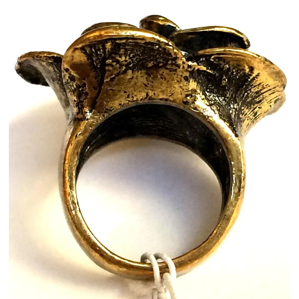 Vtg Gold Tone Rose Flower Bloom Cocktail Ring Size 6 7 8 Chunky Statement Boho